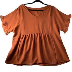 NWT Babydoll Style Ruffle Sleeve V-Neck Burnt Orange XL Short Sleeve Blo…